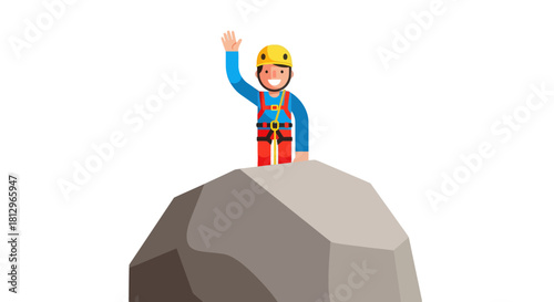 Cartoon Climber On Rock Peak Waving, Triumphantly Celebrates Reaching the Top Successfully