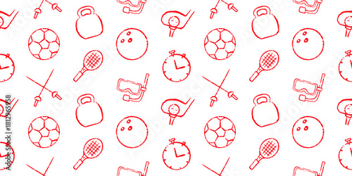 Seamless Sport and Fitness Doodle Pattern: Soccer Ball, Bowling, Tennis Racket, Snorkel, Kettlebell, Fencing, Golf. Grunge Texture Background for Athletic Wear, Gym Decor, Web Design, and Active