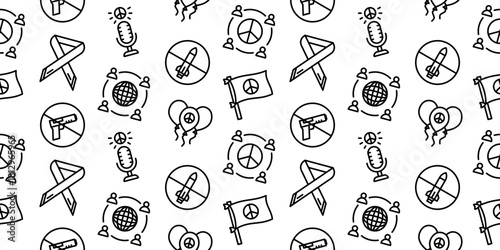Seamless Monochrome Activism Doodle Pattern: Ribbon, No Gun, Peace Flag, Microphone, and Smiling Heart. Outline Background for Social Justice, Charity, Protest, Human Rights, and Political Awareness
