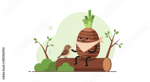 Charming Animated Characters: Root Vegetable, Bird, Wood Log, and Forest Scene Depiction