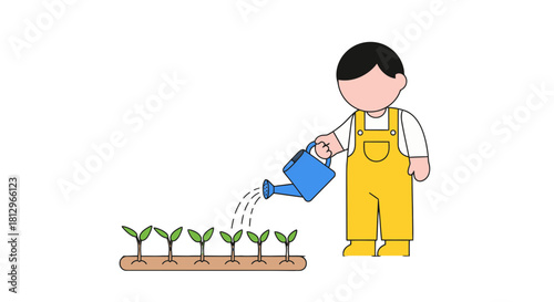 Cartoon Gardener Watering Seedlings In The Garden, A Scene Of Agricultural Care and Nurture