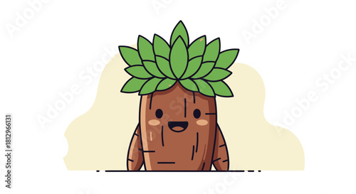 Charming Animated Plant Character Smiling with Green Leaves in Cartoonish Style