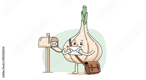 Cartoon Garlic Character Delivering Mail From The Mailbox With Cute Expressions