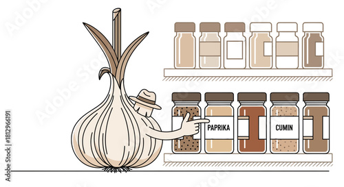 Cartoon Garlic Detective Exploring and Selecting Spices from a Modern Kitchen Shelf