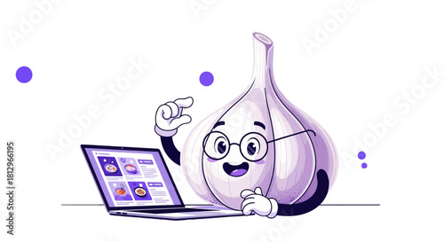 Cartoon Garlic Character with Glasses Browsing Recipes Online on a Stylish Laptop