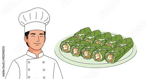 Cheerful Chef Presenting Delicious Vegetable Rolls on a Plate in Modern Illustration