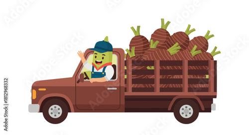 Cheerful Farmer Delivering Harvested Taro Roots in a Pickup on a Black Background