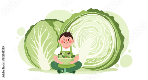 Cheerful Gardener Presenting a Freshly Prepared Salad Surrounded By Giant Cabbages Scene