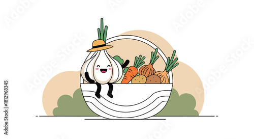 Cheerful Garlic Mascot With Its Basket Holding Fresh Vegetables on Black Background