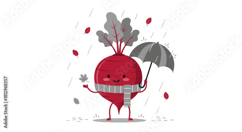 Charming Beetroot Enjoying Autumnal Rain Under His Umbrella With A Cheerful Face