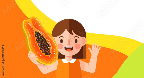 Cheerful Girl Showing Ripe Papaya Fruit, Vitamin-Rich Healthy Eating Concept