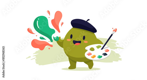 Cheerful Olive Character Artist Painting Colorful Splashes on a Black Background