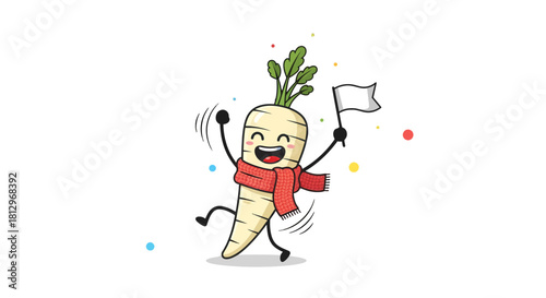 Cheerful Parsnip Character With Scarf Holds Flag And Dances Happily On Black Background