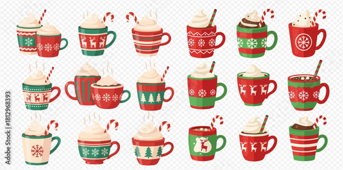 Festive Christmas mugs filled with hot chocolate and topped with whipped cream and candy canes.