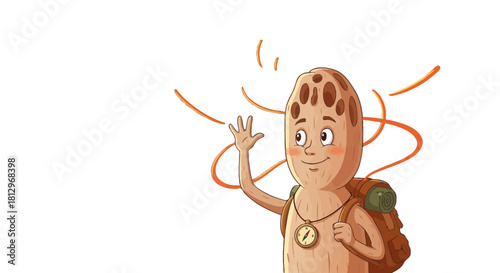 Charming Cartoon Traveler Hiking Adventure With Compass Backpack And Energetic Style