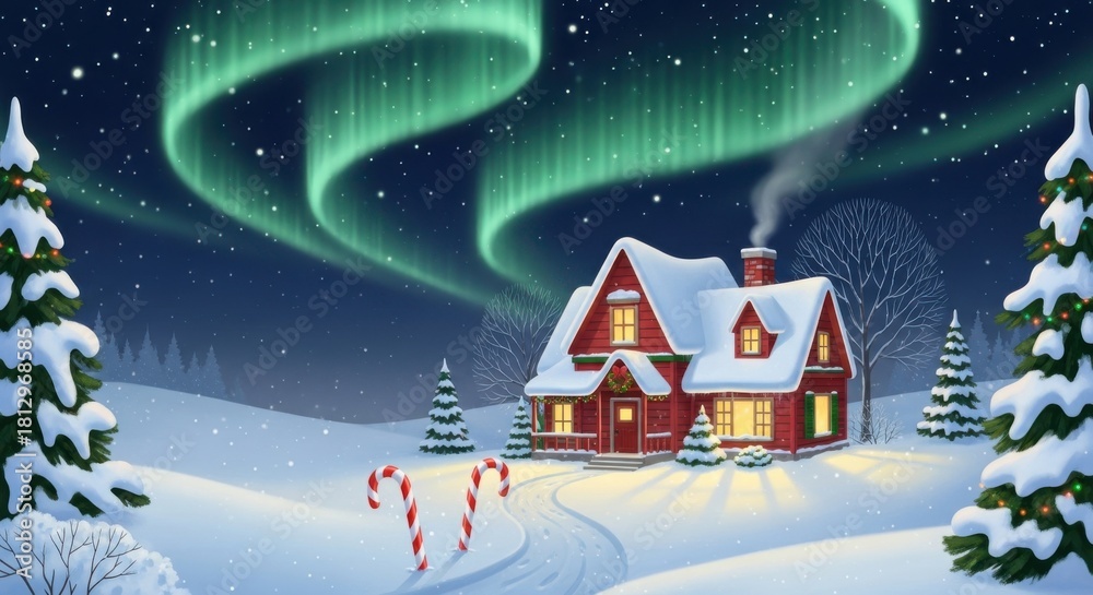 Naklejka premium Christmas Cottage Aurora: Red House Under Northern Lights in Snowy Winter Landscape for Holiday Card.