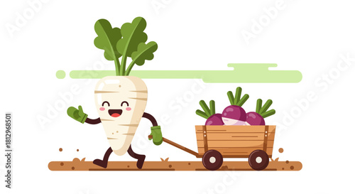Cheerful Turnip Character Pulling Wooden Cart Carrying Harvested Vegetables Outdoors
