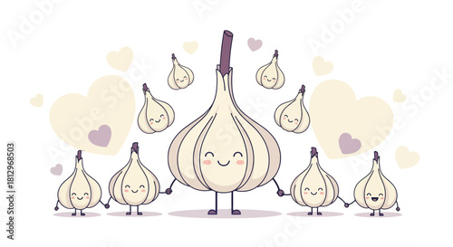 Charming Garlic Family with Hearts: A Playful and Wholesome Illustration.