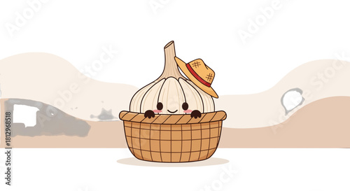 Charming Garlic Resting Inside a Wicker Basket and Wearing a Straw Hat