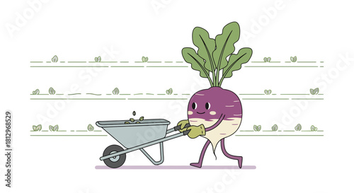 Cheerful Turnip Character Tending to Garden with Wheelbarrow on Black Background