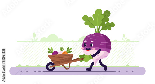 Cheerful Turnip Person, Wheeling a Wheelbarrow Full of Fresh Farm Vegetables