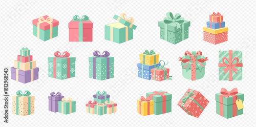 A collection of colorful gift boxes with ribbons and bows.
