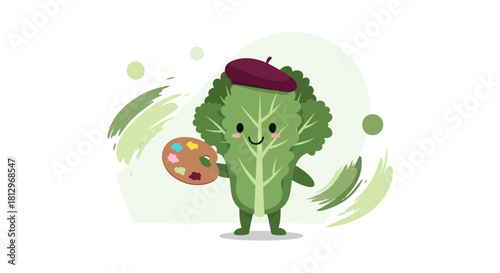 Charming Leafy Artiste Holding Palette, Adorned with a Beret, Crafting Masterpieces