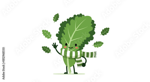 Charming Leafy Character Enjoying Cool Weather and Surrounded by Floating Leaves Illustration