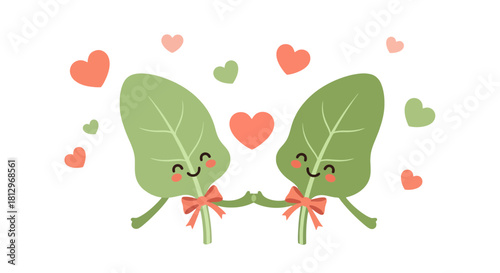 Charming Leafy Couple Expressing Love Amidst Floating Hearts on Black Background