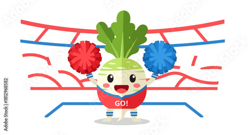 Cheerful Vegetable Character Cheering With Pom-Poms Against a Modern Graphic Background