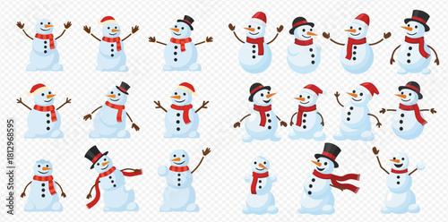 A collection of cheerful snowmen wearing hats and scarves, ready for winter fun.