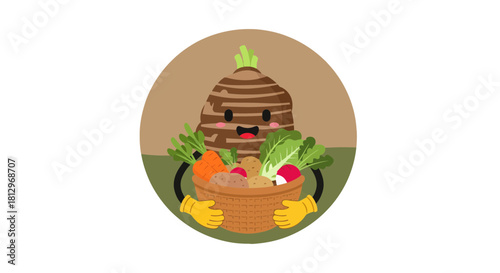 Cheerful Vegetable Character Presenting a Harvest of Fresh and Diverse Garden Produce