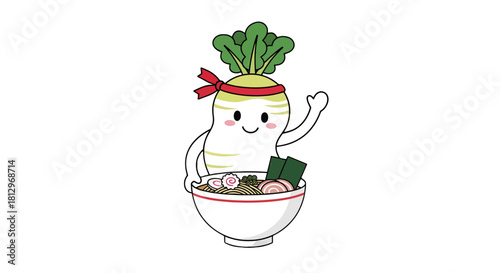 Cheerful Vegetable Character Presenting Delicious Ramen in Wholesome And Artistic Illustration