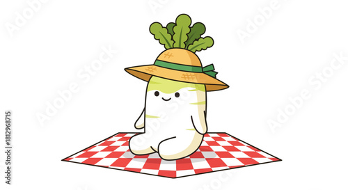 Charming Radish Character Relaxing with A Cute Hat on Picnic, Cartoon Illustration