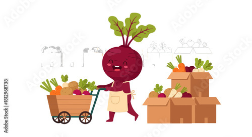 Cheerful Vegetable Character Pushing Cart of Fresh Produce to Sell or Promote Healthy Eating