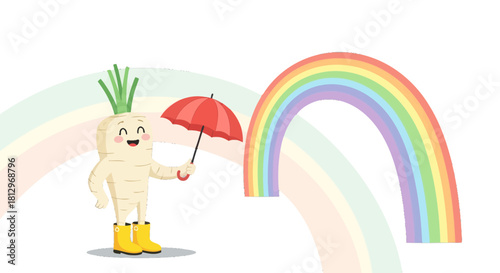 Cheerful Vegetable Character Under Rainbow With Umbrella Depicting Sunny Afternoon