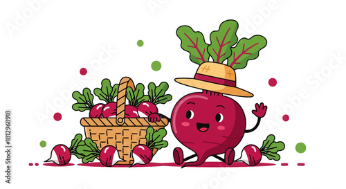 Cheerful Vegetable Character With Basket Of Freshly Harvested Radishes And Cartoon Elements