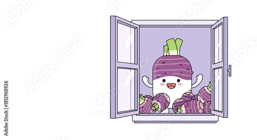 Cheerful Vegetable Character Welcoming From a Window, Fresh and Vibrant Illustration