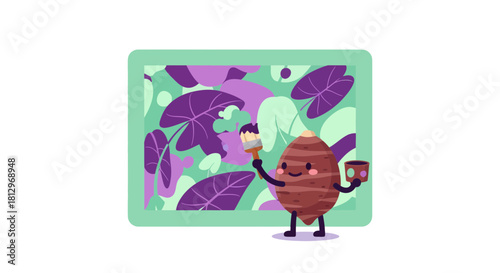 Charming Root Vegetable Cartoon Painting Botanical Scene with Brush and Paint Cup