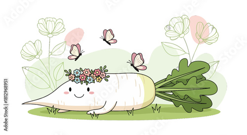 Charming Radish with Floral Crown, Butterflies, and Delicate Blooms on a Meadow