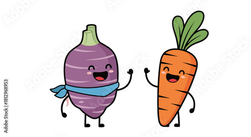 Cheerful Vegetable Characters Smiling And Waving, Funny Food Illustration on Black Backdrop