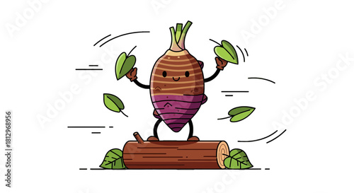 Charming Root Vegetable Character Standing Upon a Log with Animated Leaves Floating Nearby