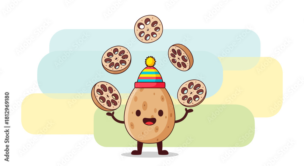 Fototapeta premium Cheerful Vegetable Illustration of Potato Juggling Sliced Lotus Root with Colorful Hat