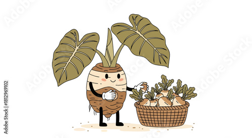 Charming Taro Root Cartoon Character Surrounded By Fresh Produce And A Basket