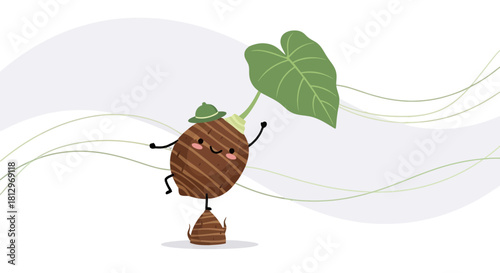Charming Taro Root Cartoon with a Hat and a Leaf in a Playful Illustration Style