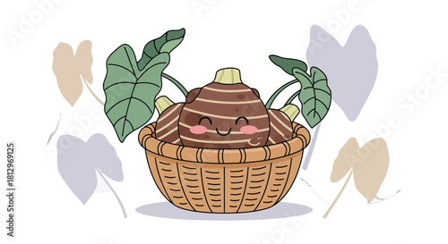 Charming Taro Root Cartoon Illustration In Woven Basket With Foliage and Black Background