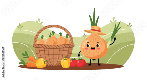 Cheerful Vegetable Illustration Depicts Harvest Bounty With Charming Onion Character