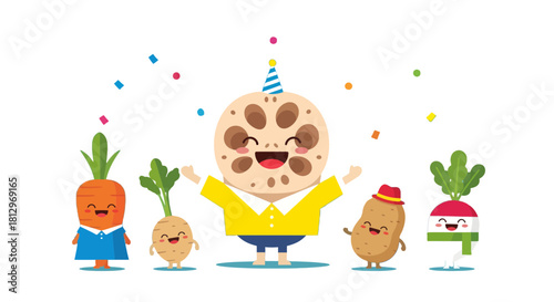Cheerful Vegetable Party Celebrating With Colorful Confetti in a Black Backdrop