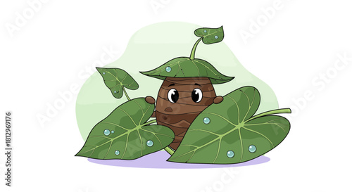 Charming Taro Root Character in Lush Greenery with Leaf-Shaped Head Covering