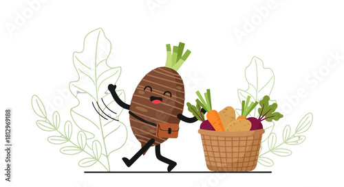 Cheerful Vegetable Taro Character Delivering Basket of Fresh Harvested Organic Produce